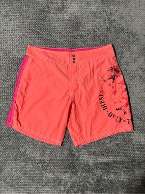 Diesel Coral 'Only The Brave" mohawk logo Swim Shorts with Pink Sid. Size L
